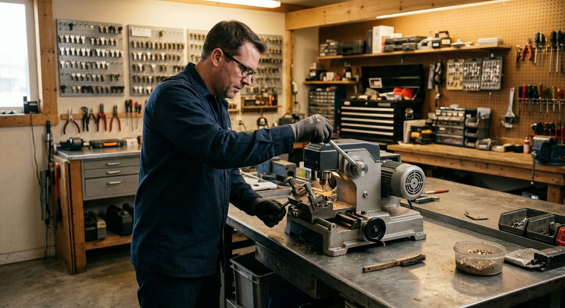Locksmith using a professional key-cutting machine in a clean workshop