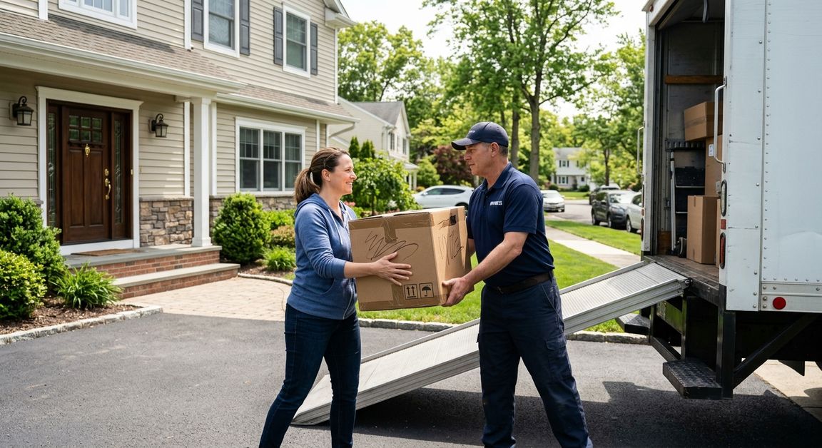 Homeowner carrying moving box past a front door with visible deadbolt