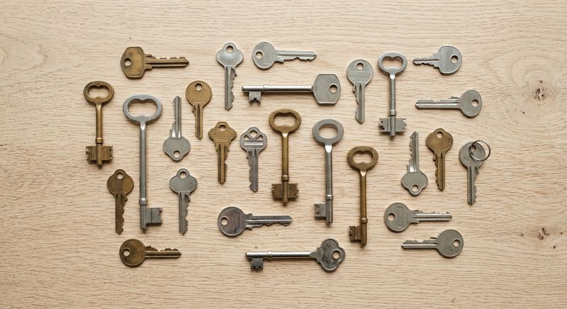 Assorted brass and silver house keys on a wooden table