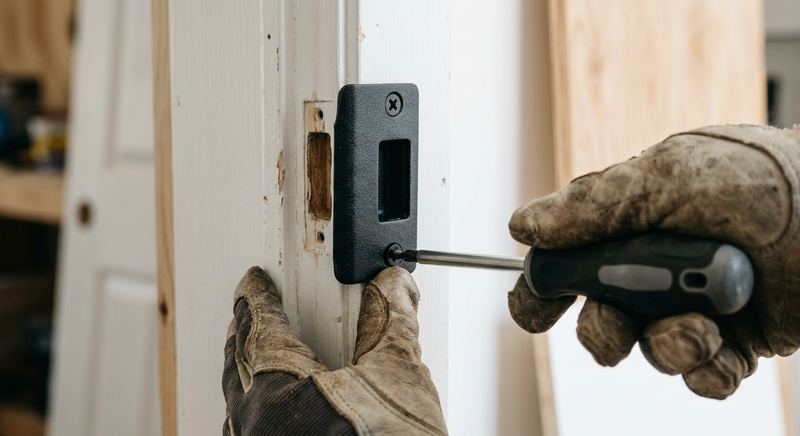 Heavy-duty reinforced strike plate being installed on a door frame