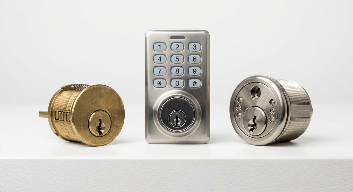 Three types of door lock cylinders on a workbench