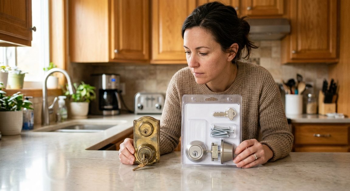 Homeowner comparing old and new deadbolts before rekeying or replacing